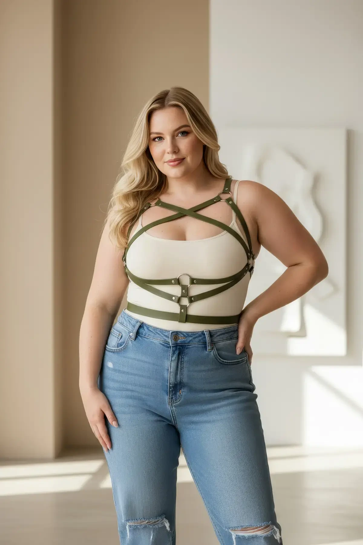 Büyük Beden Haki Kadın Kemer Elbise Üstü Deri Vücut Aksesuarı - APFT991