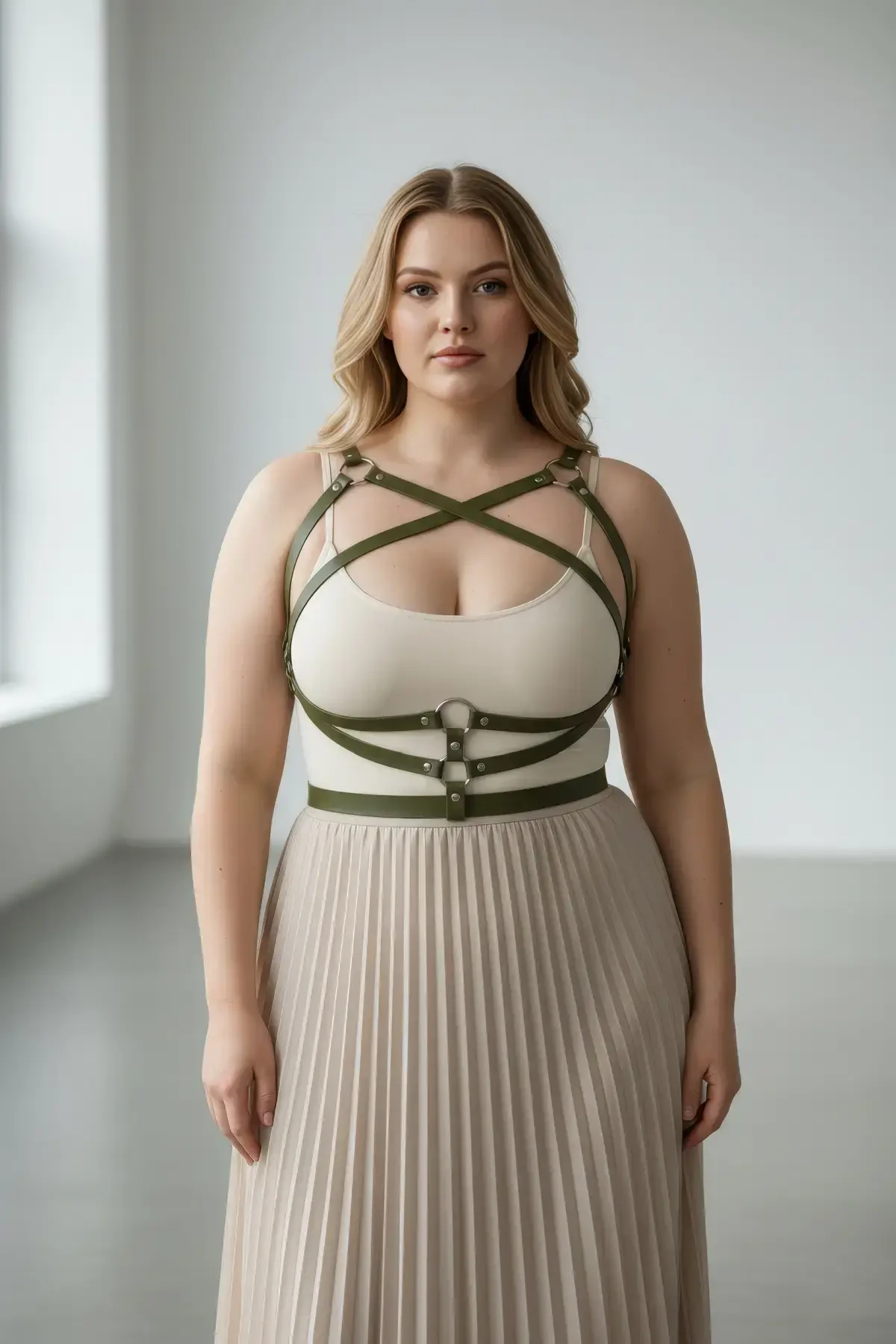 Büyük Beden Haki Kadın Kemer Elbise Üstü Deri Vücut Aksesuarı - APFT991