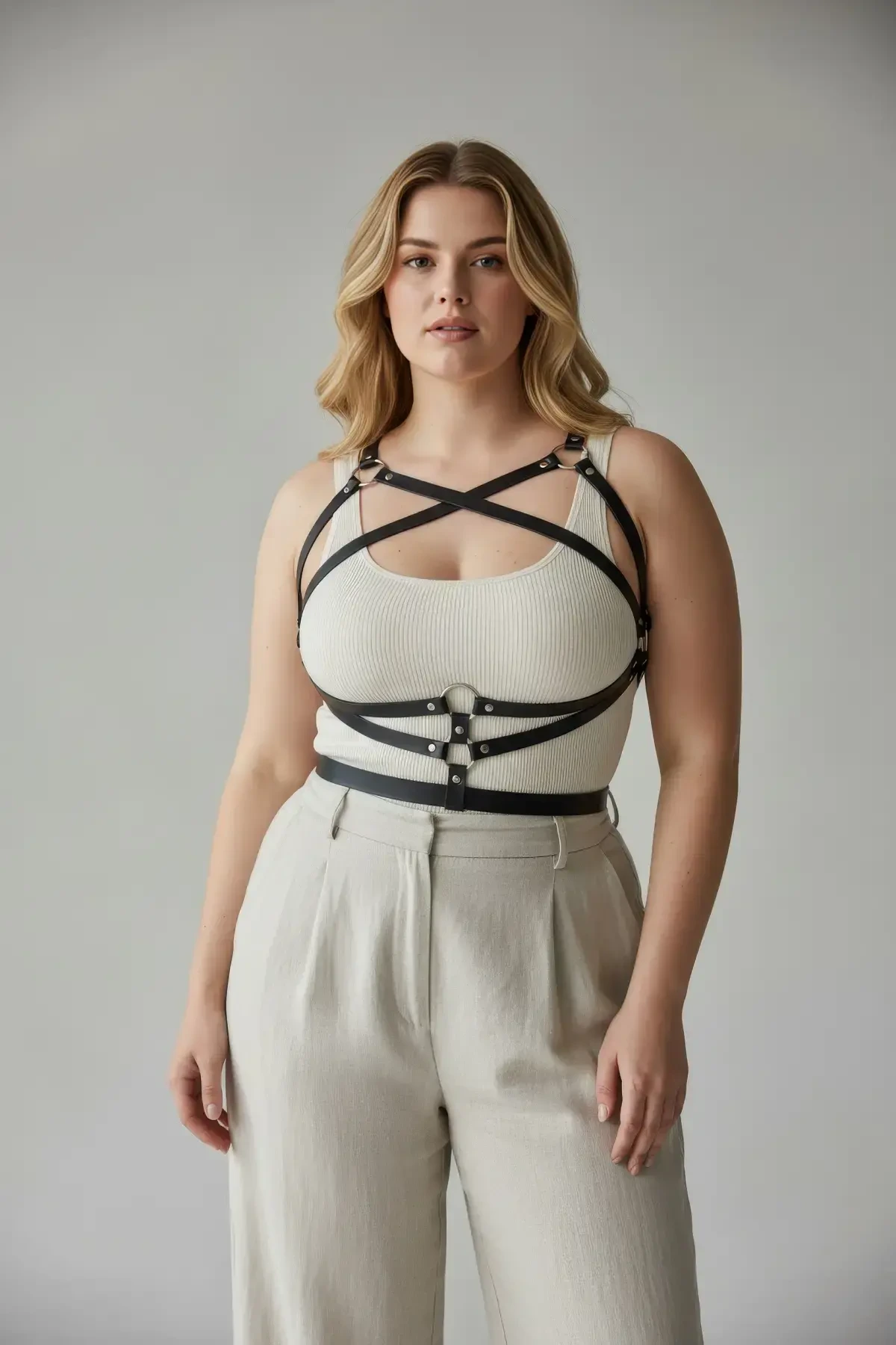 Büyük Beden Siyah Kadın Kemer Harness Tarzı Deri Vücut Aksesuarı - APFT991