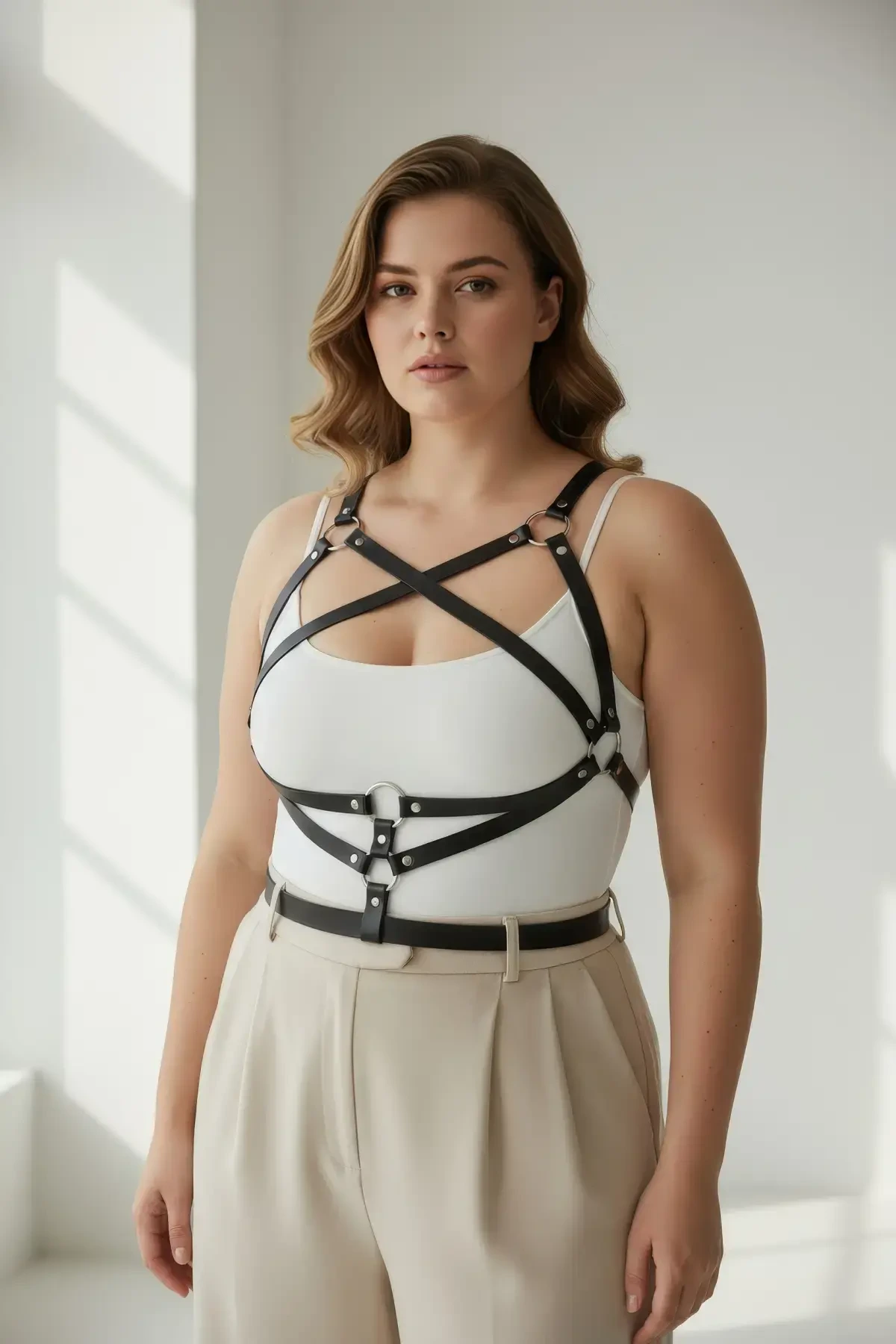 Büyük Beden Siyah Kadın Kemer Harness Tarzı Deri Vücut Aksesuarı - APFT991