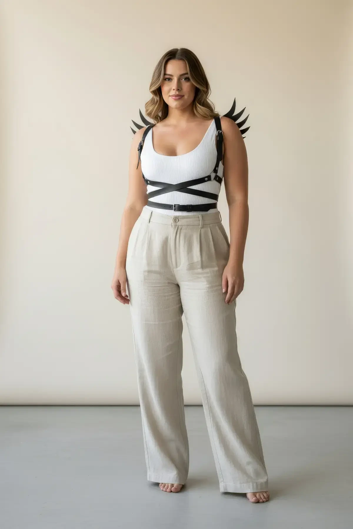 Büyük Beden Siyah Kadın Kemer Kanat Detaylı Deri Harness Vücut Aksesuarı - APFT1097