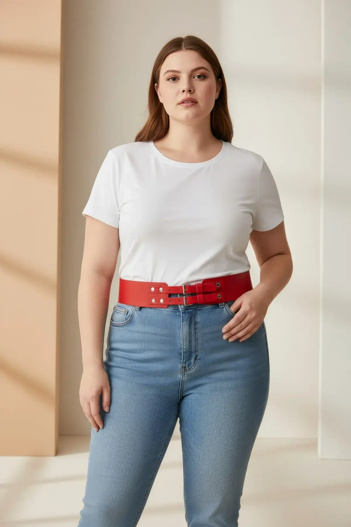 Büyük Beden Kırmızı Kadın Geniş Kemer Çift Tokalı Deri Kombin Tamamlayıcı - APFT1203