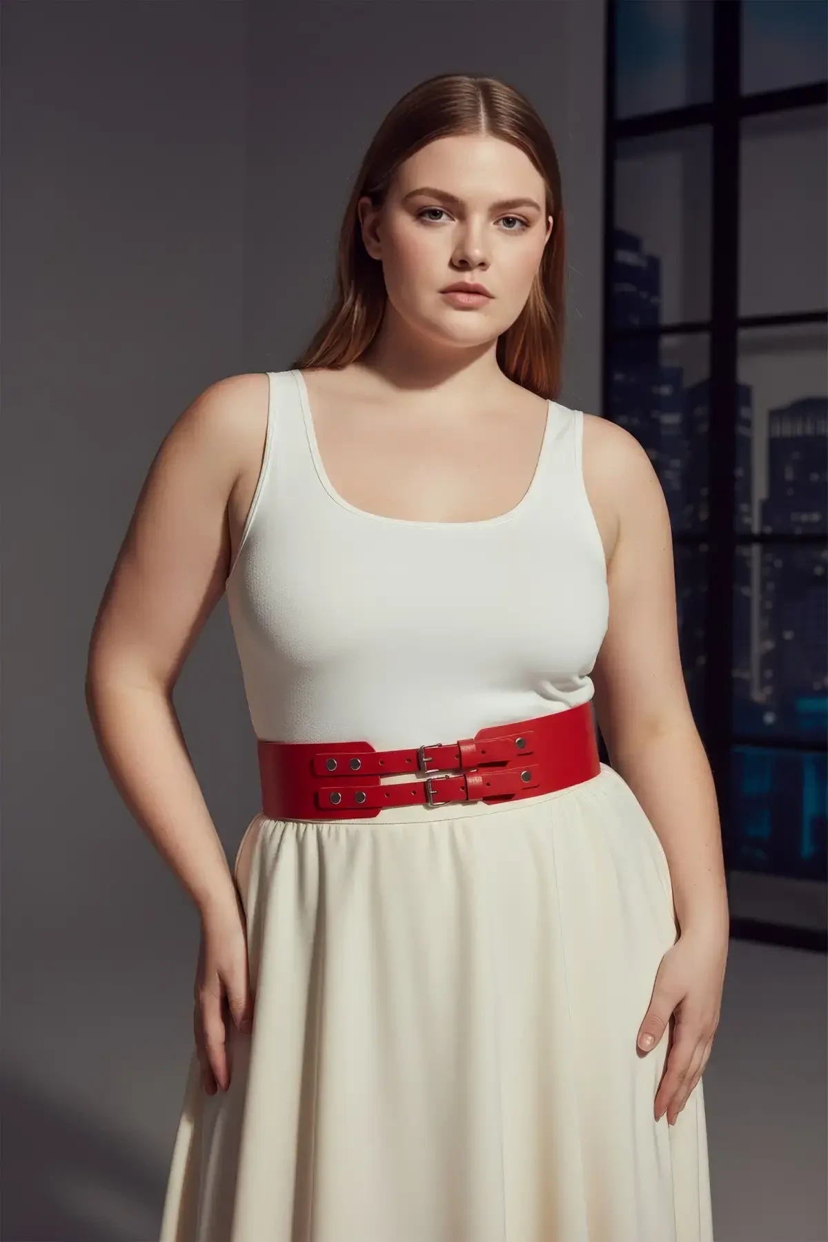 Büyük Beden Kırmızı Kadın Geniş Kemer Çift Tokalı Deri Kombin Tamamlayıcı - APFT1203