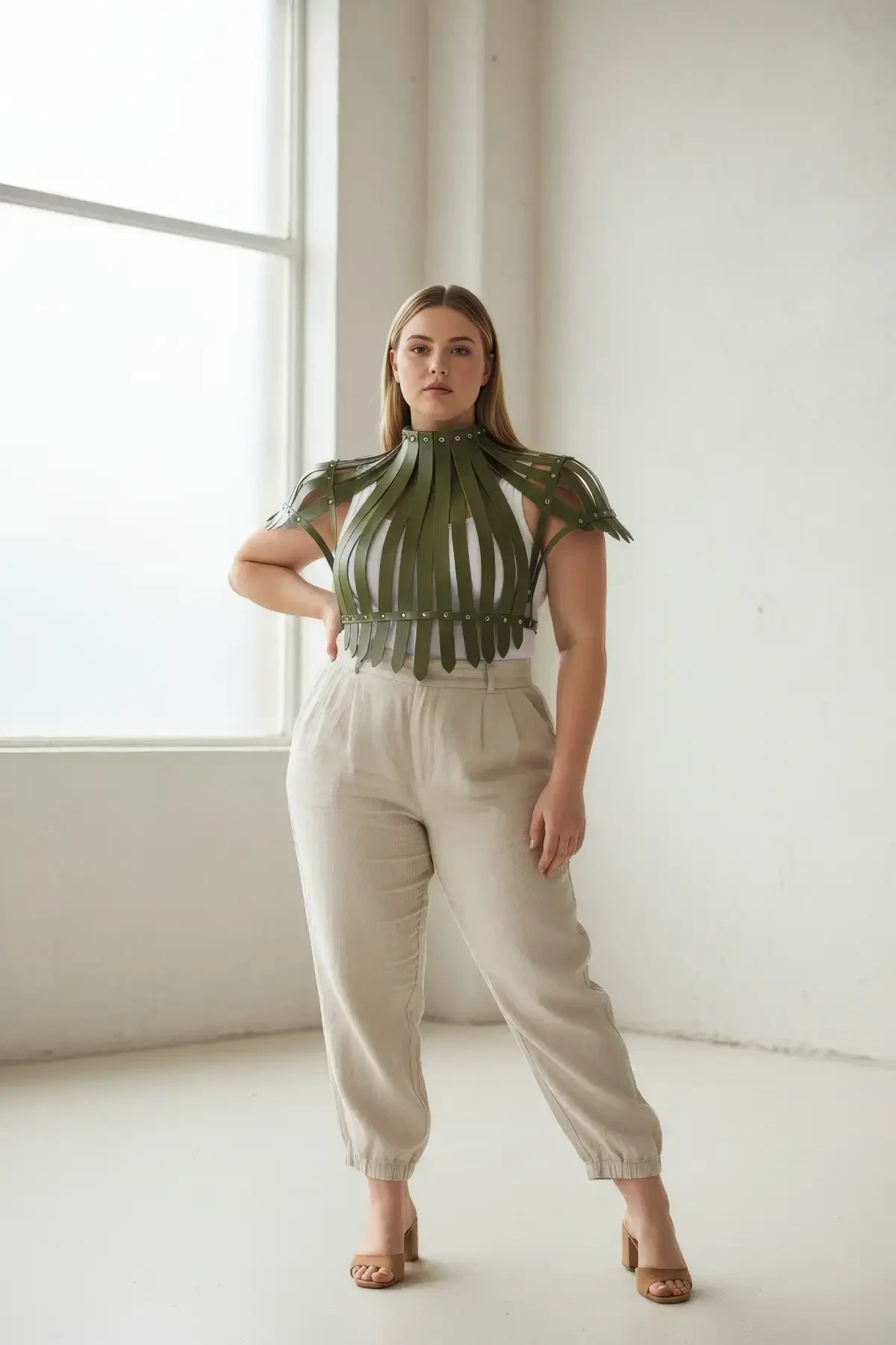 Büyük Beden Haki Kadın Kemer Korse Görünümlü Deri Vücut Aksesuarı - APFT1257