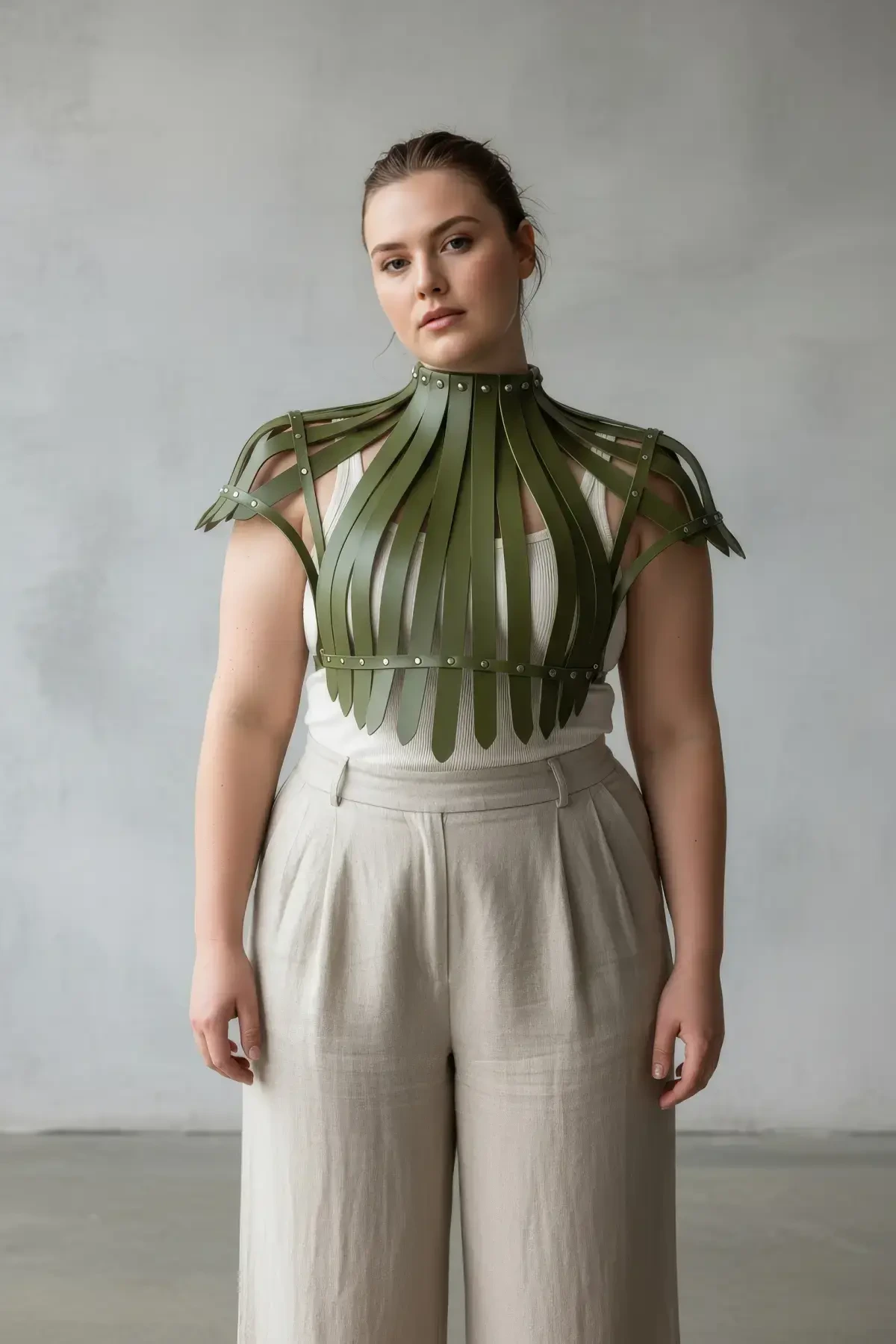 Büyük Beden Haki Kadın Kemer Korse Görünümlü Deri Vücut Aksesuarı - APFT1257