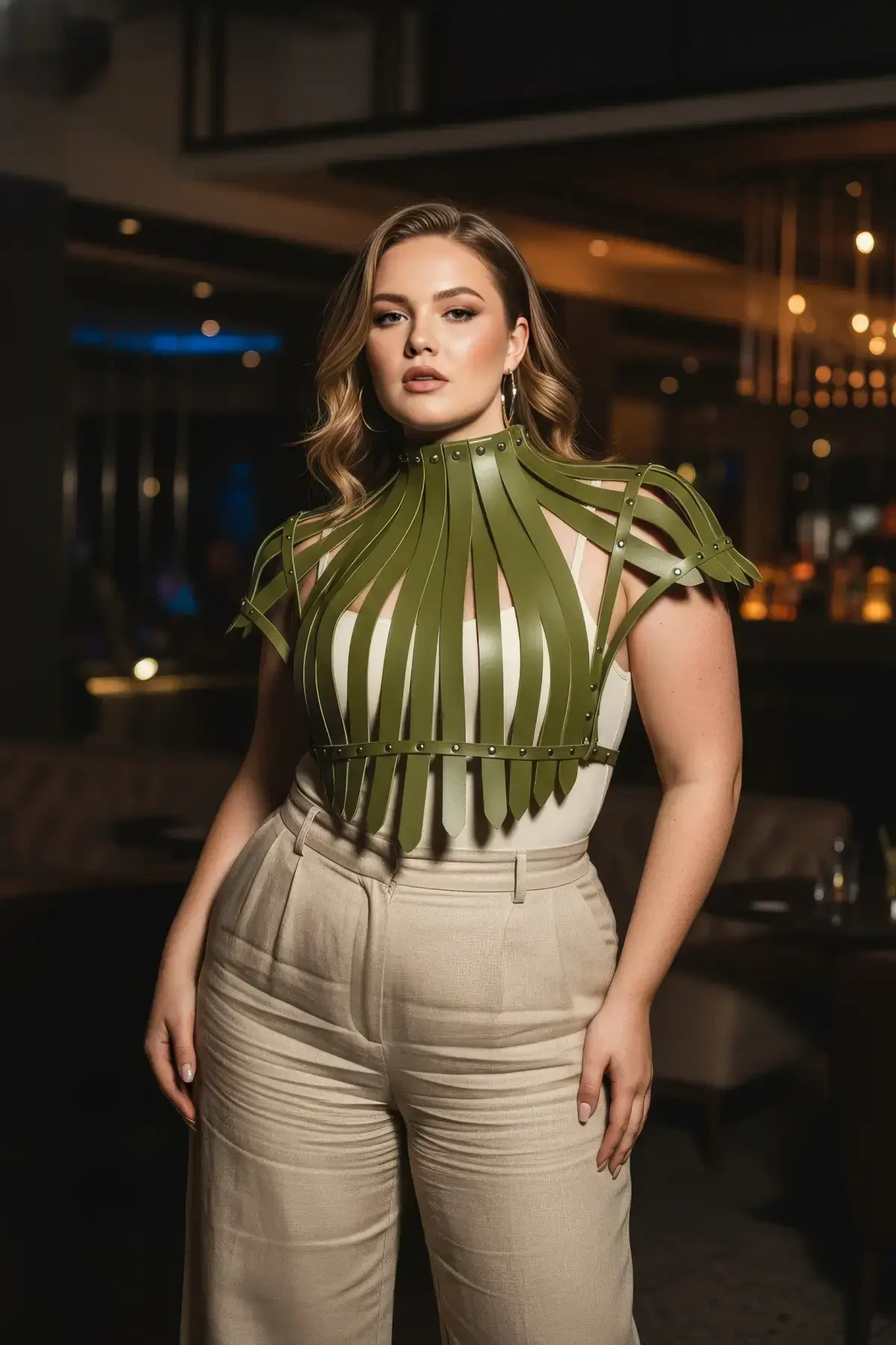 Büyük Beden Haki Kadın Kemer Korse Görünümlü Deri Vücut Aksesuarı - APFT1257