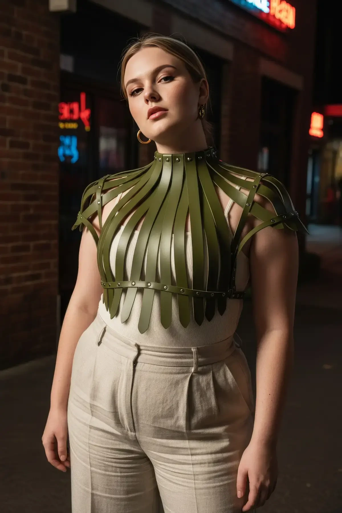 Büyük Beden Haki Kadın Kemer Korse Görünümlü Deri Vücut Aksesuarı - APFT1257