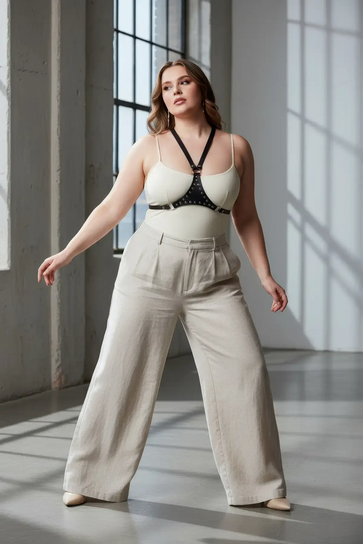 Büyük Beden Siyah Kadın Kemer Halka Detaylı Deri Vücut Aksesuarı - APFT1279