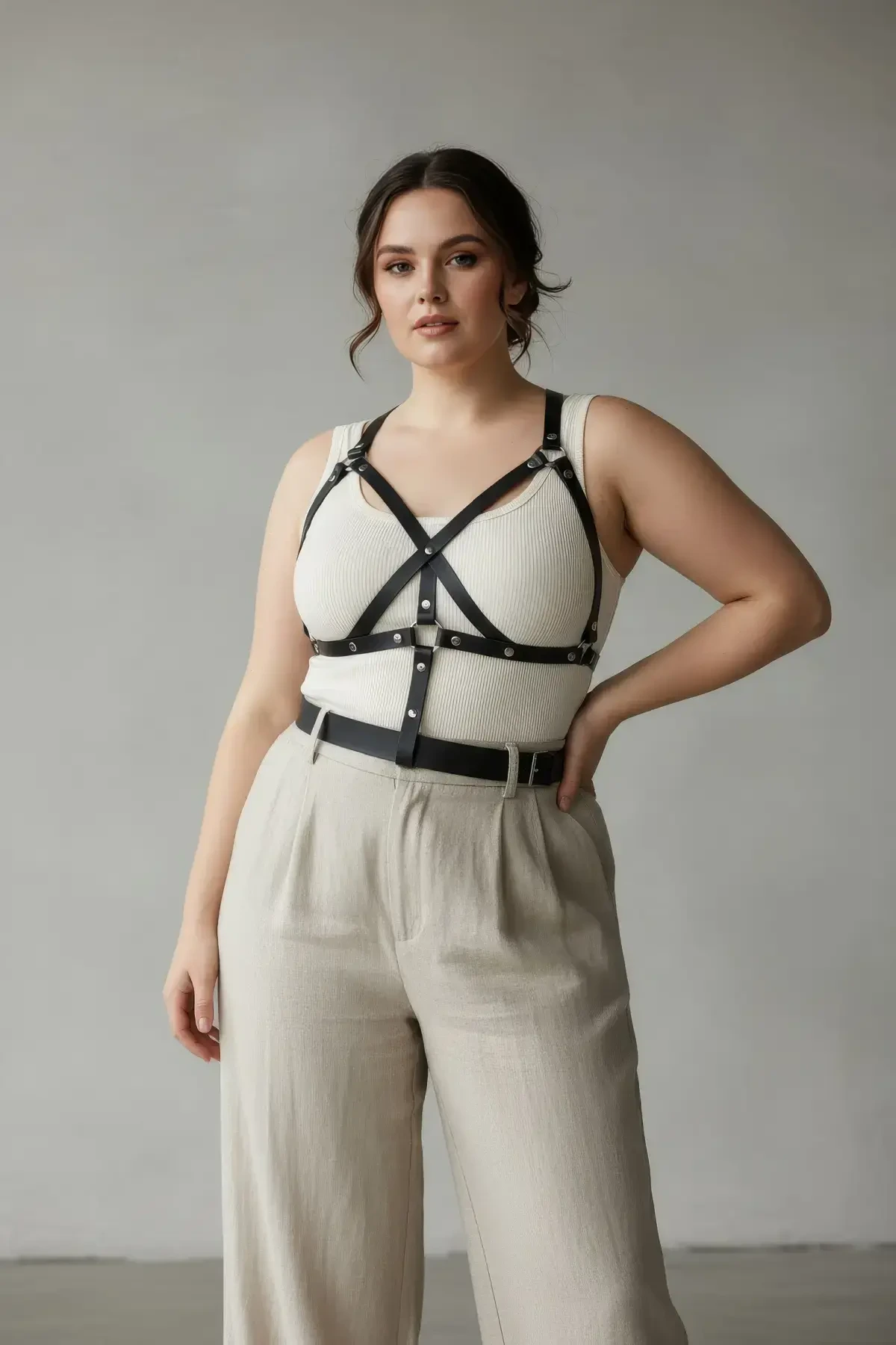 Büyük Beden Siyah Kadın Kemer Harness Detaylı Deri Vücut Aksesuarı - APFT1294