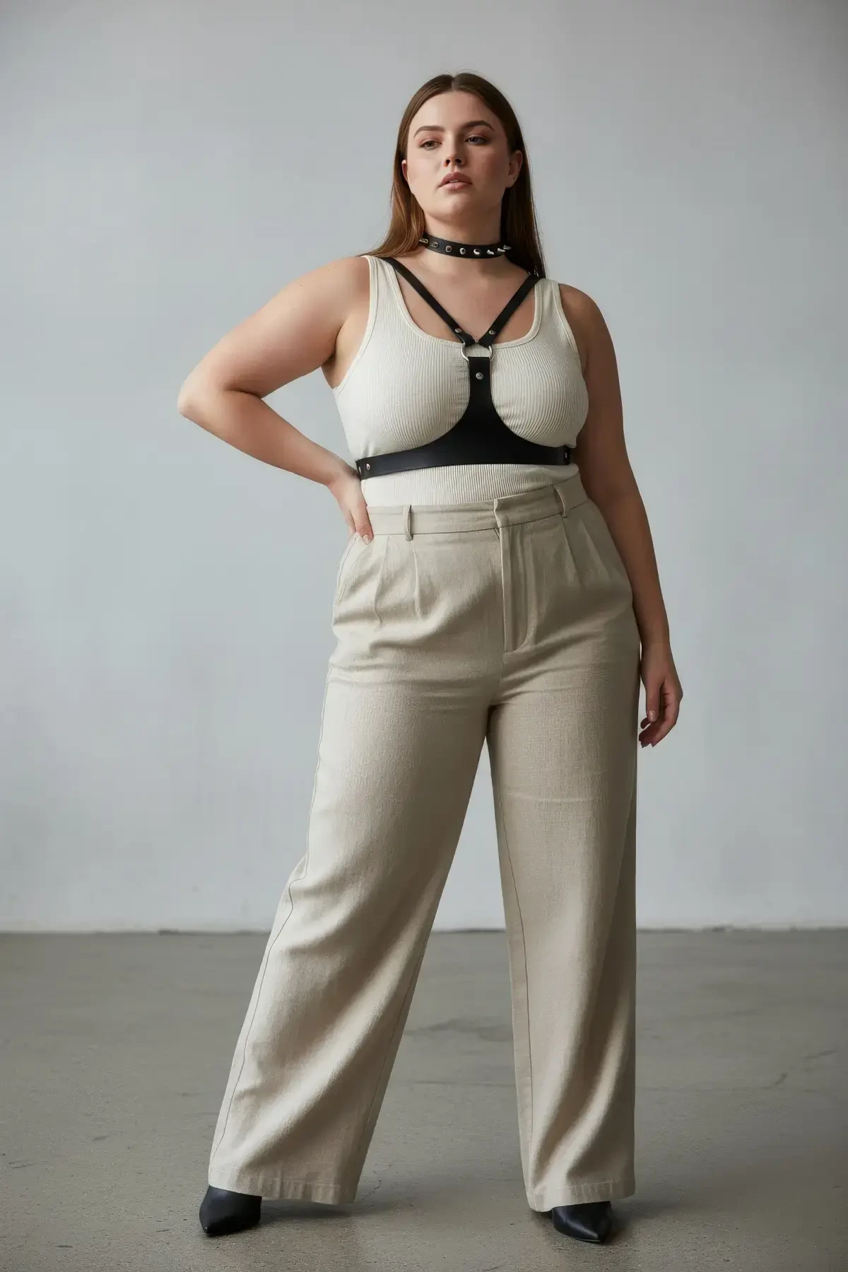 Büyük Beden Siyah Kadın Kemer Zımba Detaylı Deri Harness Vücut Aksesuarı - APFT1299