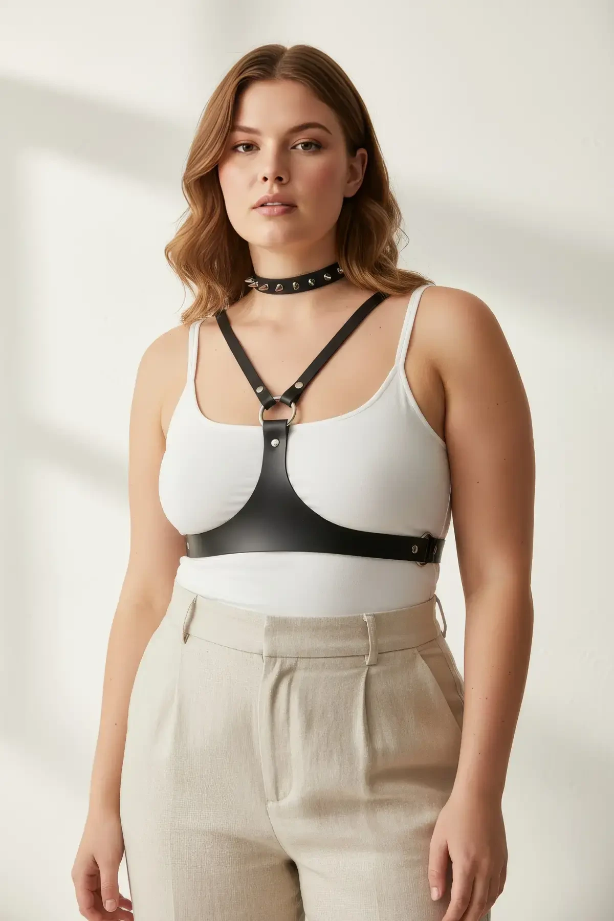 Büyük Beden Siyah Kadın Kemer Zımba Detaylı Deri Harness Vücut Aksesuarı - APFT1299