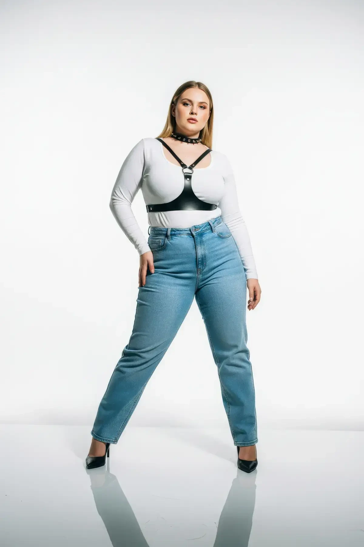 Büyük Beden Siyah Kadın Kemer Zımba Detaylı Deri Harness Vücut Aksesuarı - APFT1299