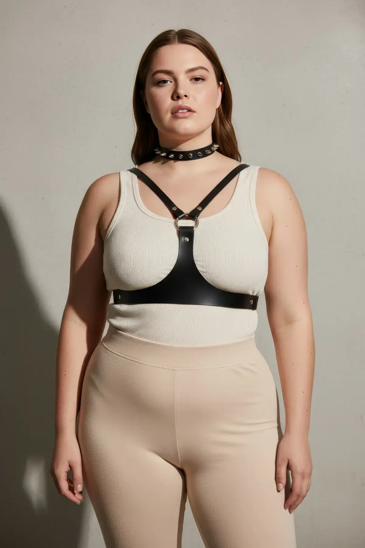 Büyük Beden Siyah Kadın Kemer Zımba Detaylı Deri Harness Vücut Aksesuarı - APFT1299