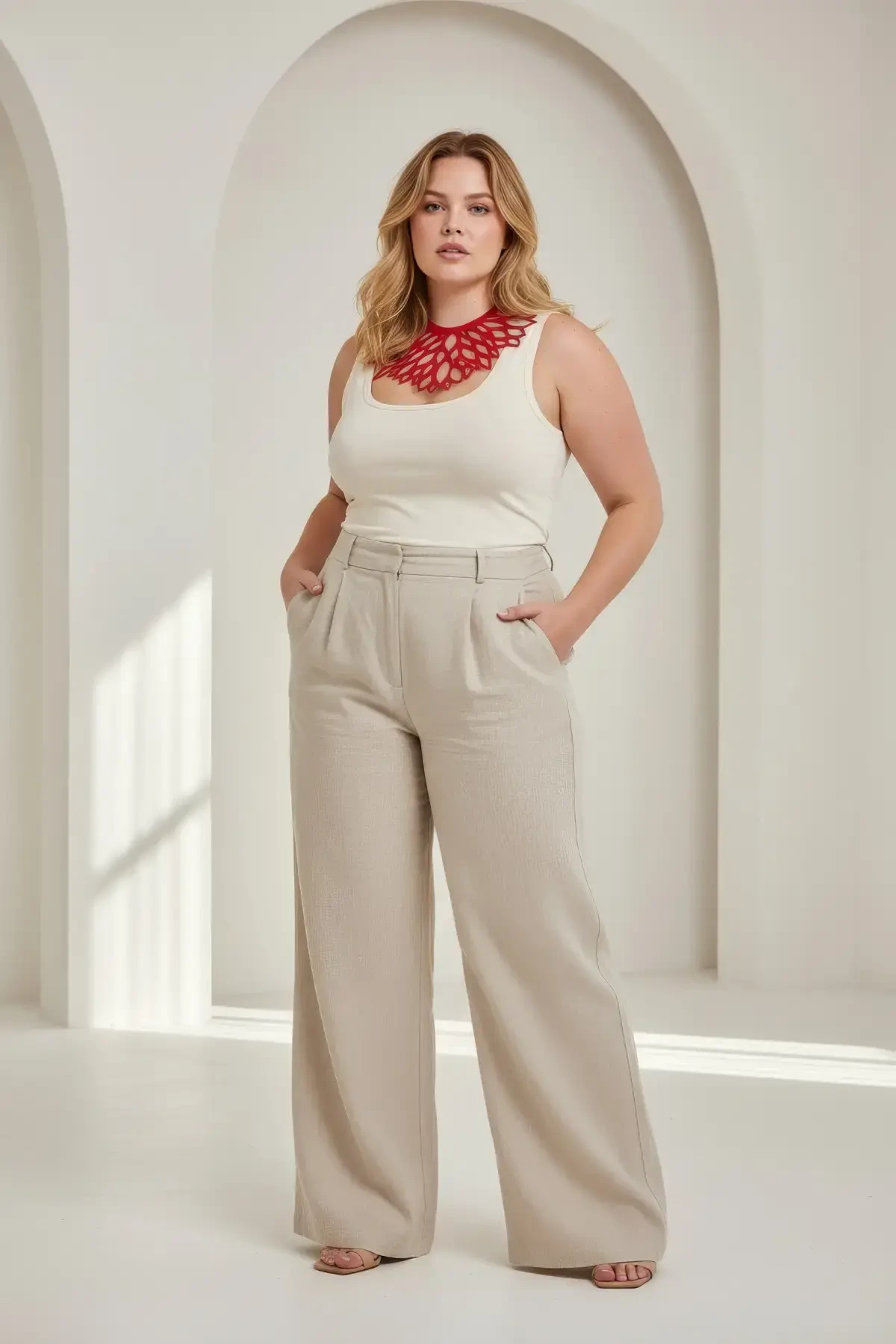 Büyük Beden Kırmızı Kadın Choker Lazer Kesim Detaylı Abiye Şıklığı - APFT1407