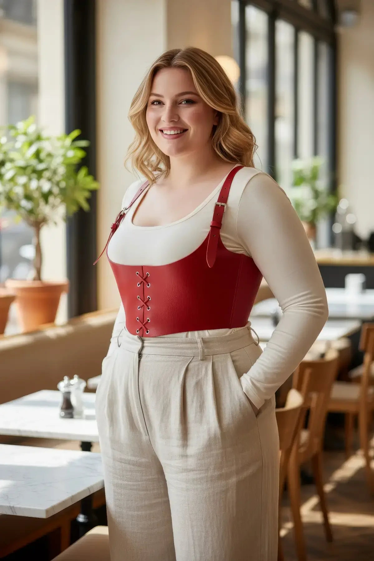 Büyük Beden Kırmızı Kadın Kemer Bağcıklı Deri Korse Harness - APFT1428