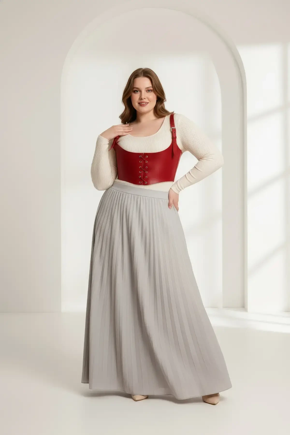 Büyük Beden Kırmızı Kadın Kemer Bağcıklı Deri Korse Harness - APFT1428