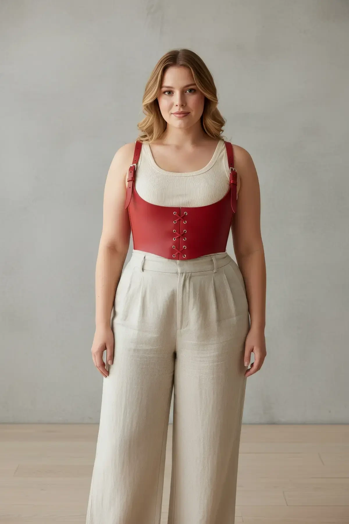 Büyük Beden Kırmızı Kadın Kemer Bağcıklı Deri Korse Harness - APFT1428