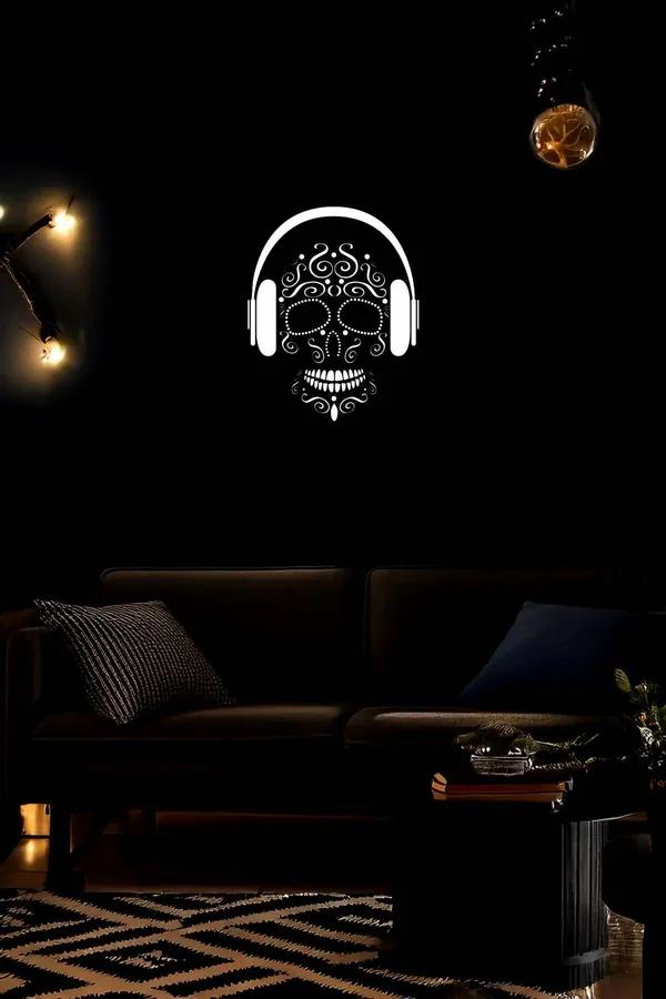 Reflective Sugar Skull Wall Art with Headphones Canvas Print Black and White