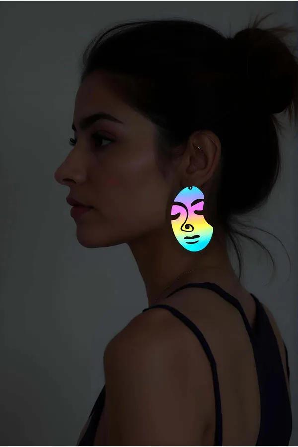 Reflective Abstract Face Drop Earrings, Rainbow Glow