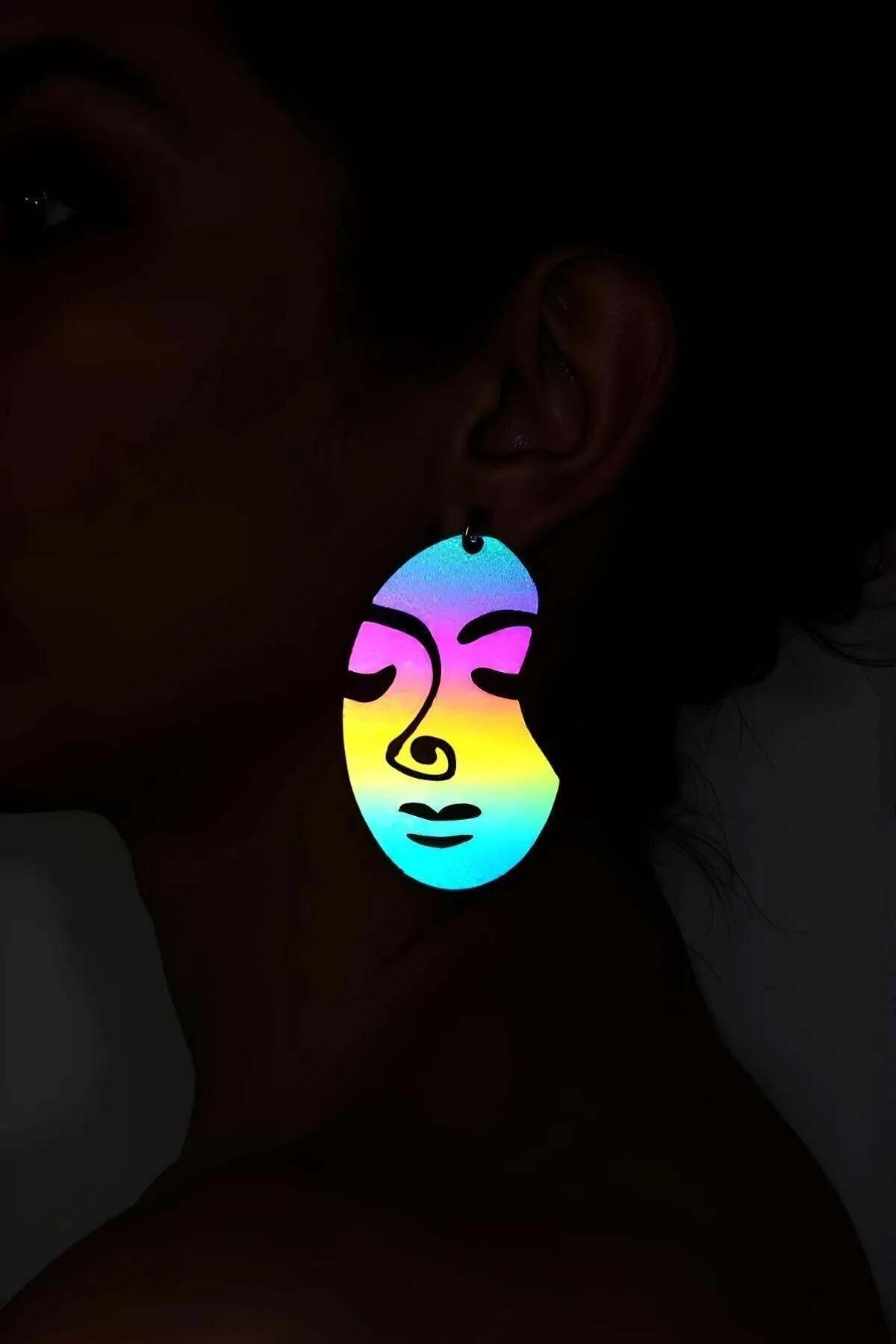 Reflective Abstract Face Drop Earrings, Rainbow Glow