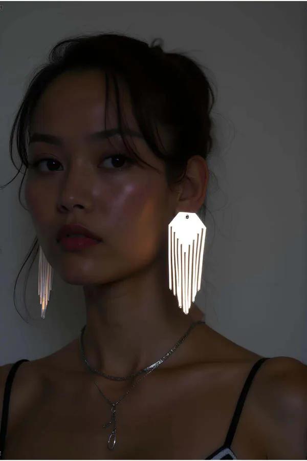 Reflective Tassel Earrings with Geometric Cutouts