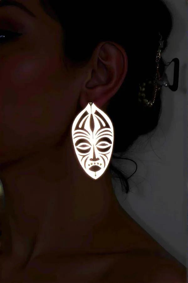 White Reflective Tribal Face Drop Earrings