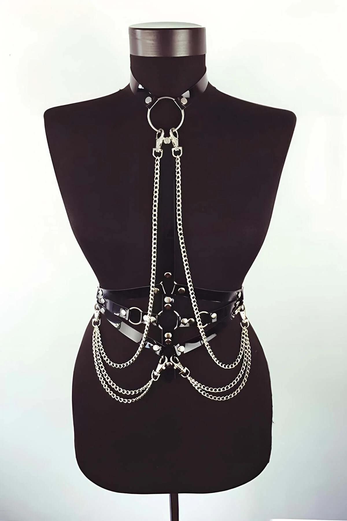 Faux Leather Body Harness with O-Ring & Chain Accents