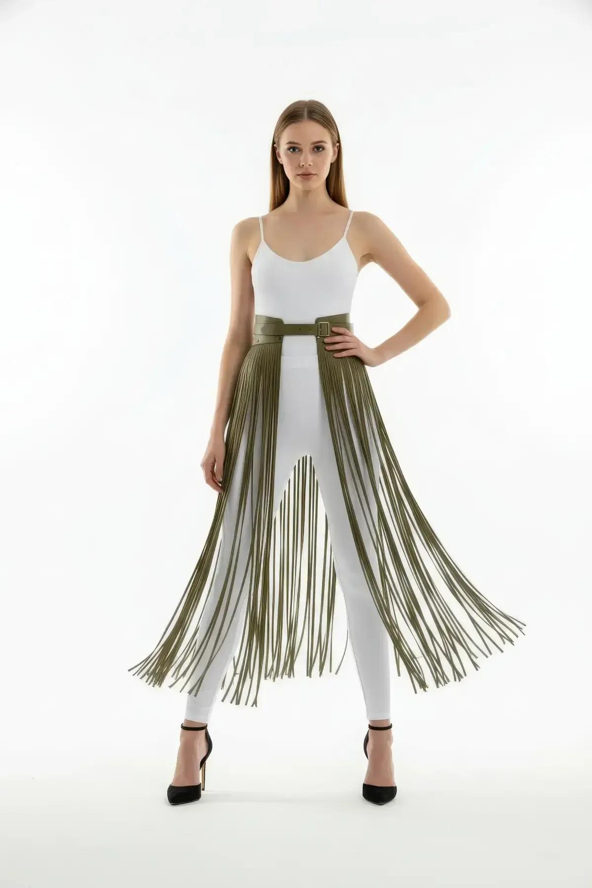 Fringe Waist Harness Skirt in Olive Green