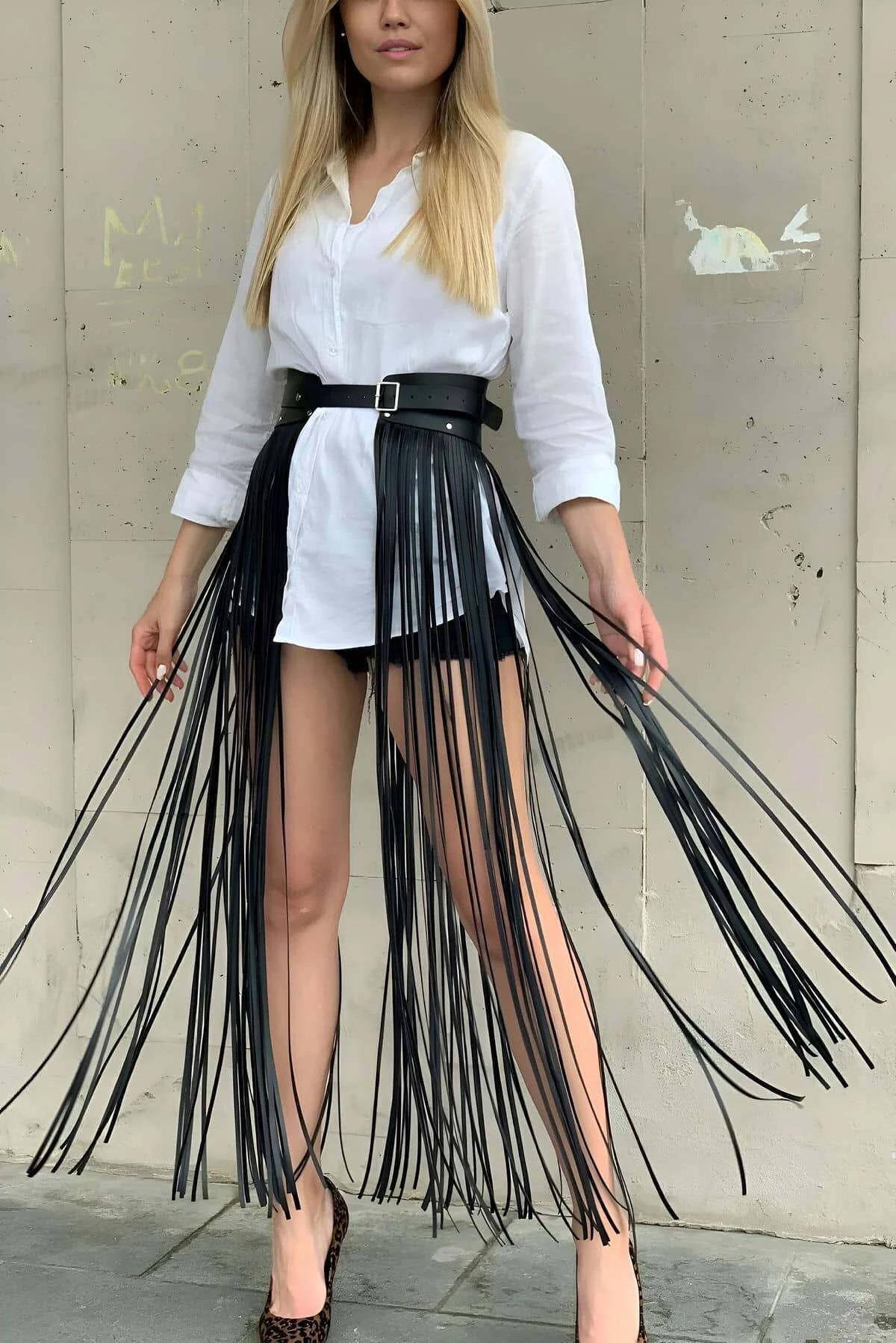 Fringe Waist Belt Harness Skirt with Adjustable Buckle
