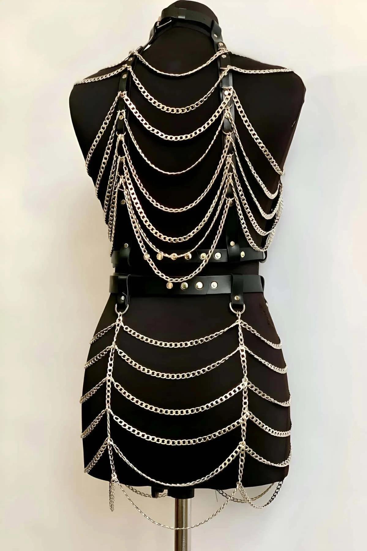 Chained Faux Leather Body Harness Top & Skirt Set