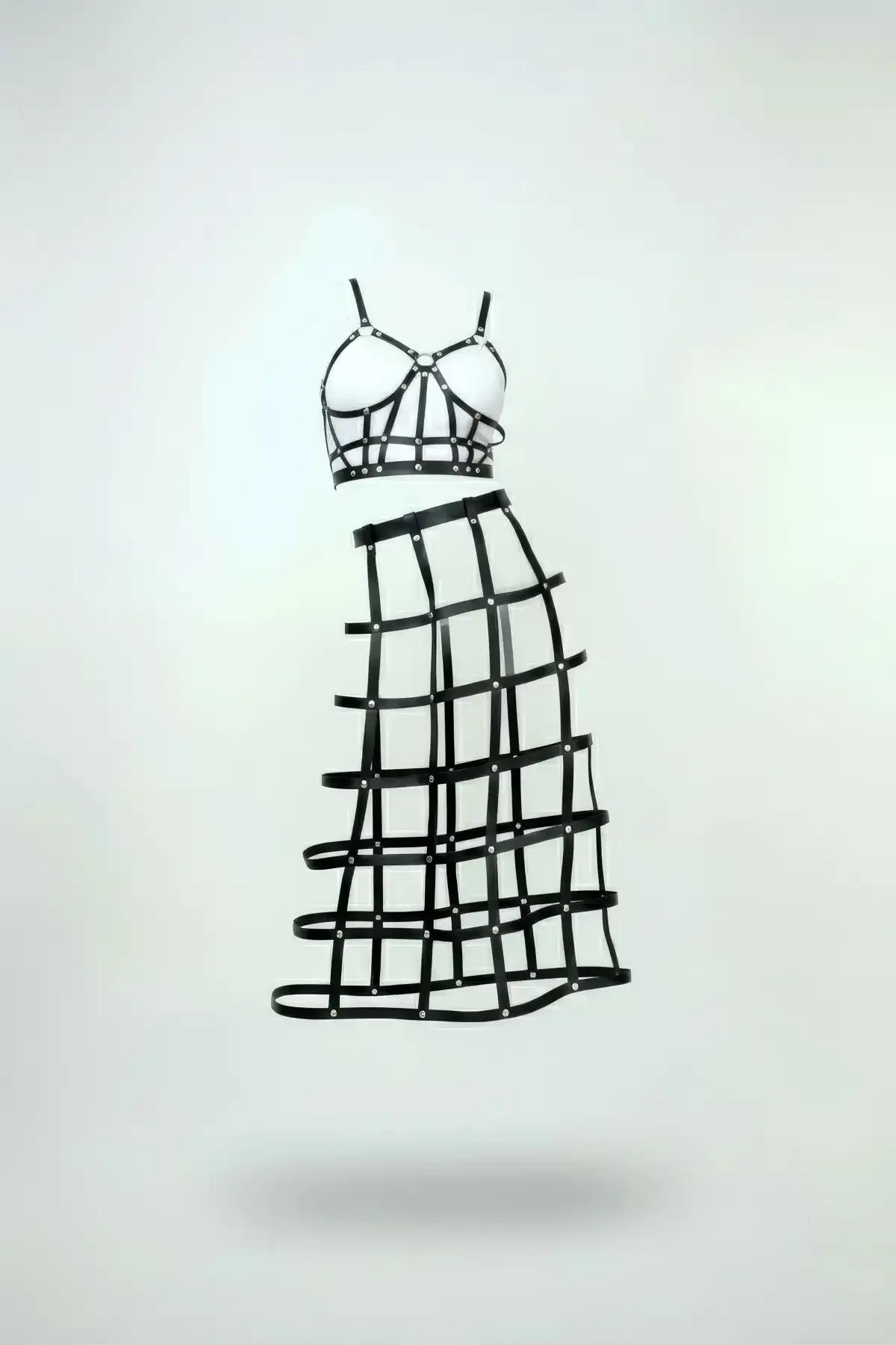 Caged Faux Leather Harness Crop Top & Midi Skirt Set