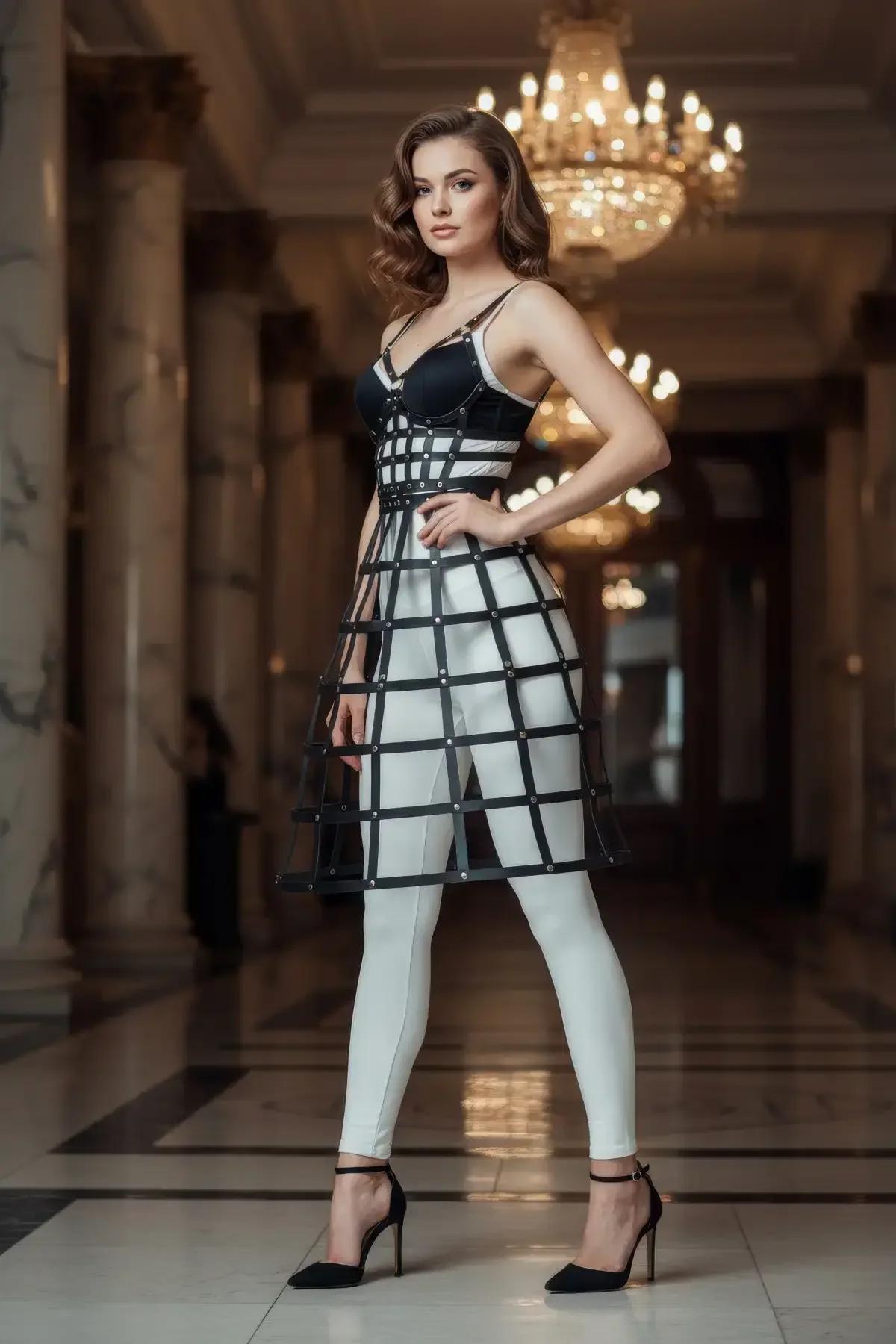 Structured Cage Skirt with Faux Leather Strapping