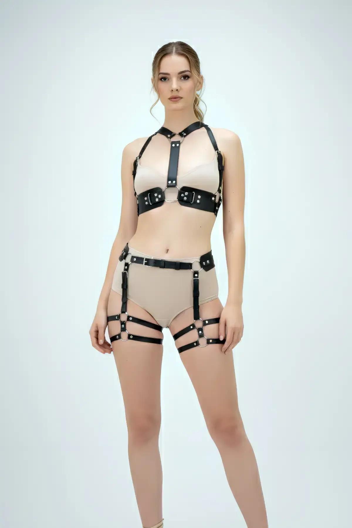 Studded Faux Leather Harness Set with Garter Straps