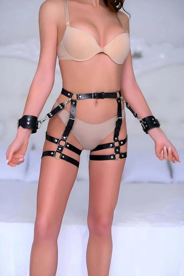 Faux Leather Thigh Harness with Detachable Wrist Cuffs