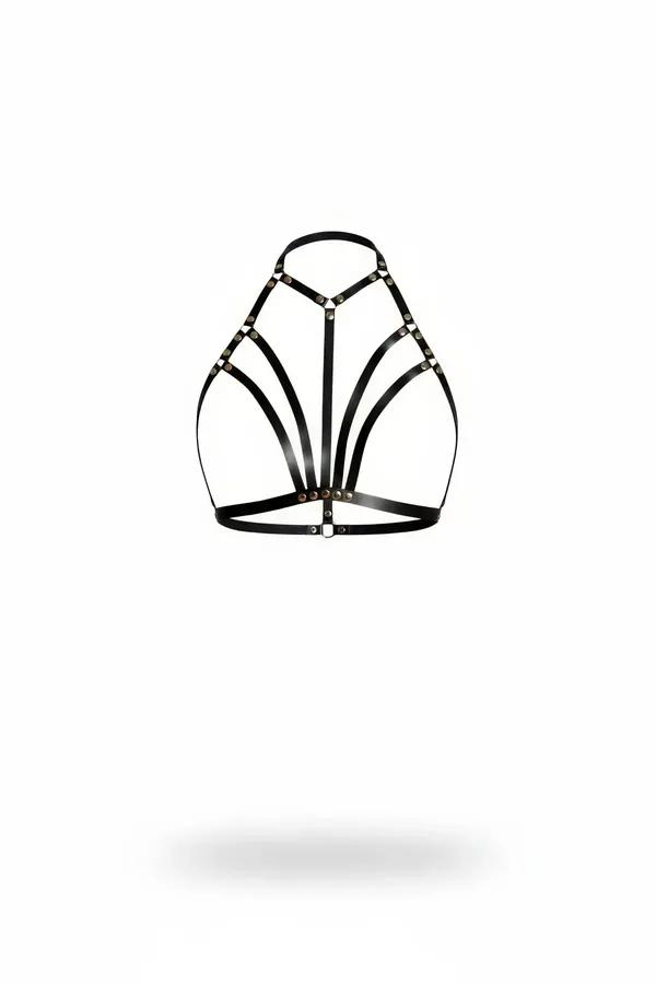 Caged Faux Leather Halter Harness Top with Gold Hardware