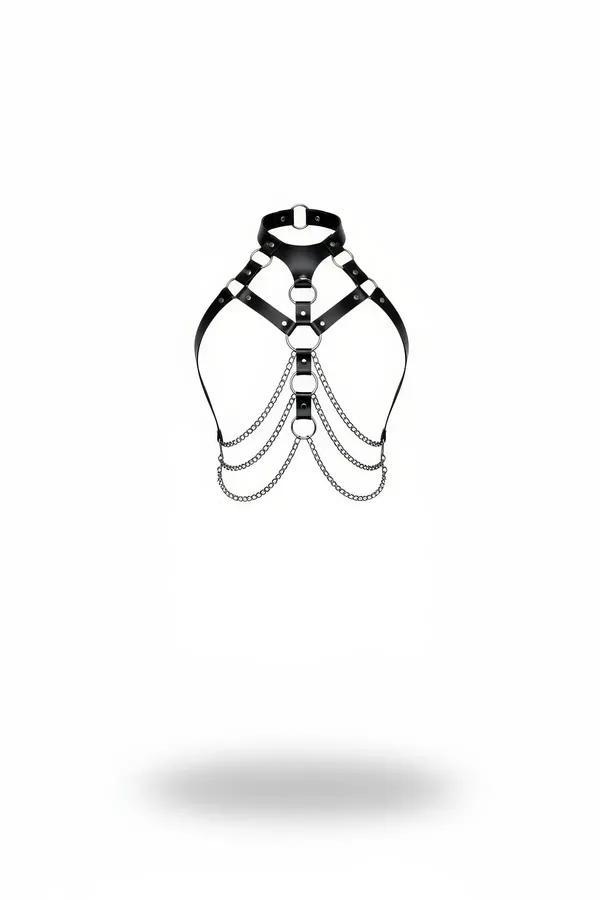 Faux Leather Chest Harness with Choker & Draped Chains