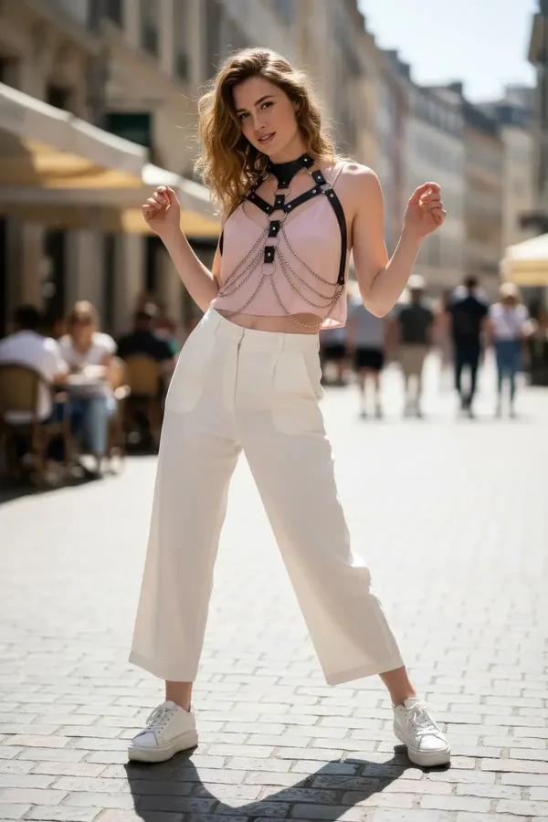 Faux Leather Body Harness with Draped Chain Detail