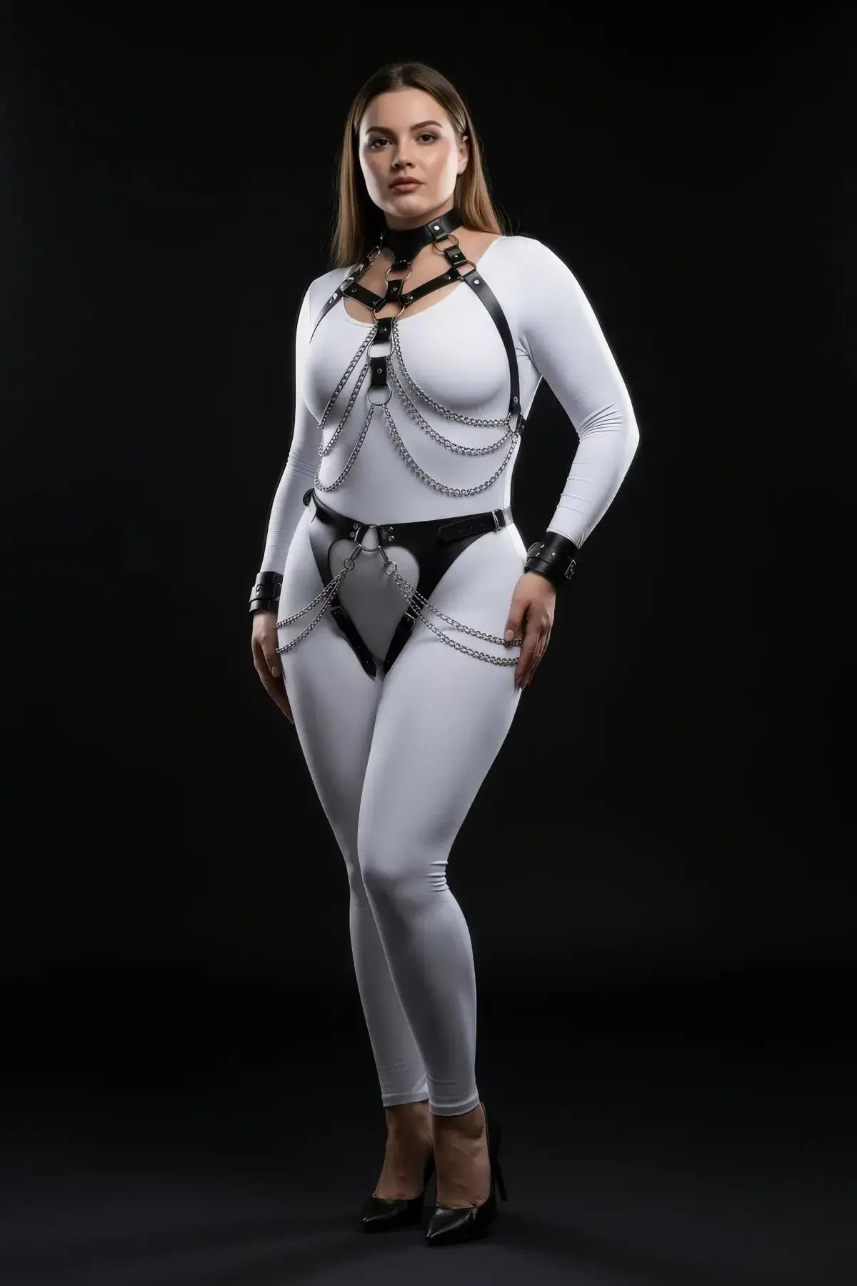 Full Body Faux Leather Harness with Choker & Chains