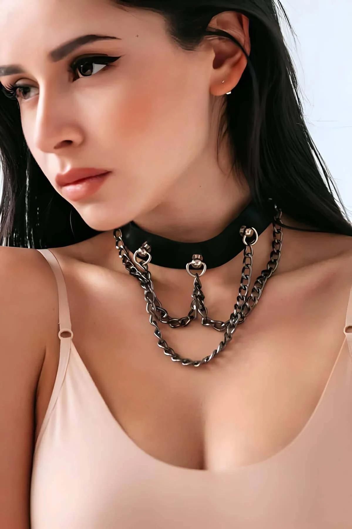 Layered Chain Black Faux Leather Choker