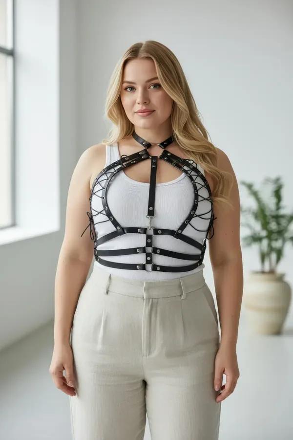 Black Faux Leather Halter Harness with Corset Lacing