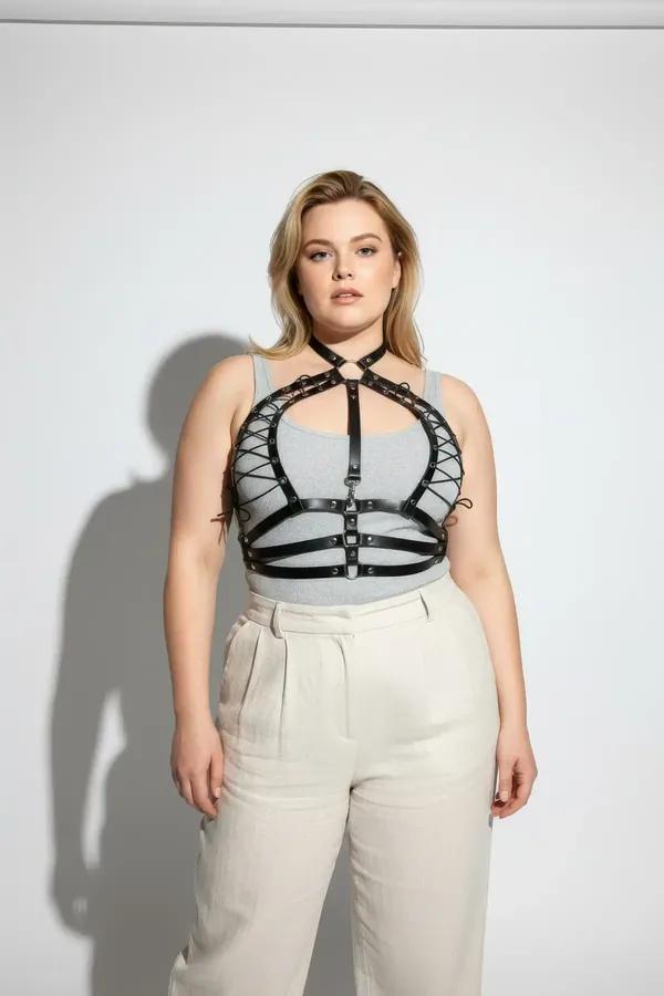 Black Faux Leather Halter Harness with Corset Lacing