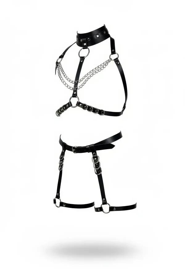 Black Vegan Leather Body Harness Set with Chains & Garters