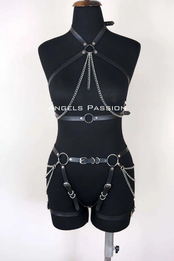 Faux Leather Full Body Harness with Chain Accents