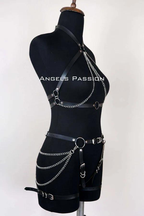 Faux Leather Full Body Harness with Chain Accents