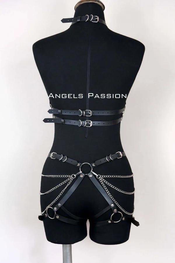 Faux Leather Full Body Harness with Chain Accents