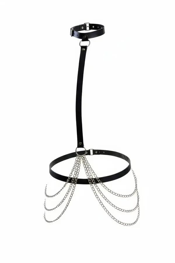 Choker-Style Faux Leather Body Harness with Draped Hip Chains