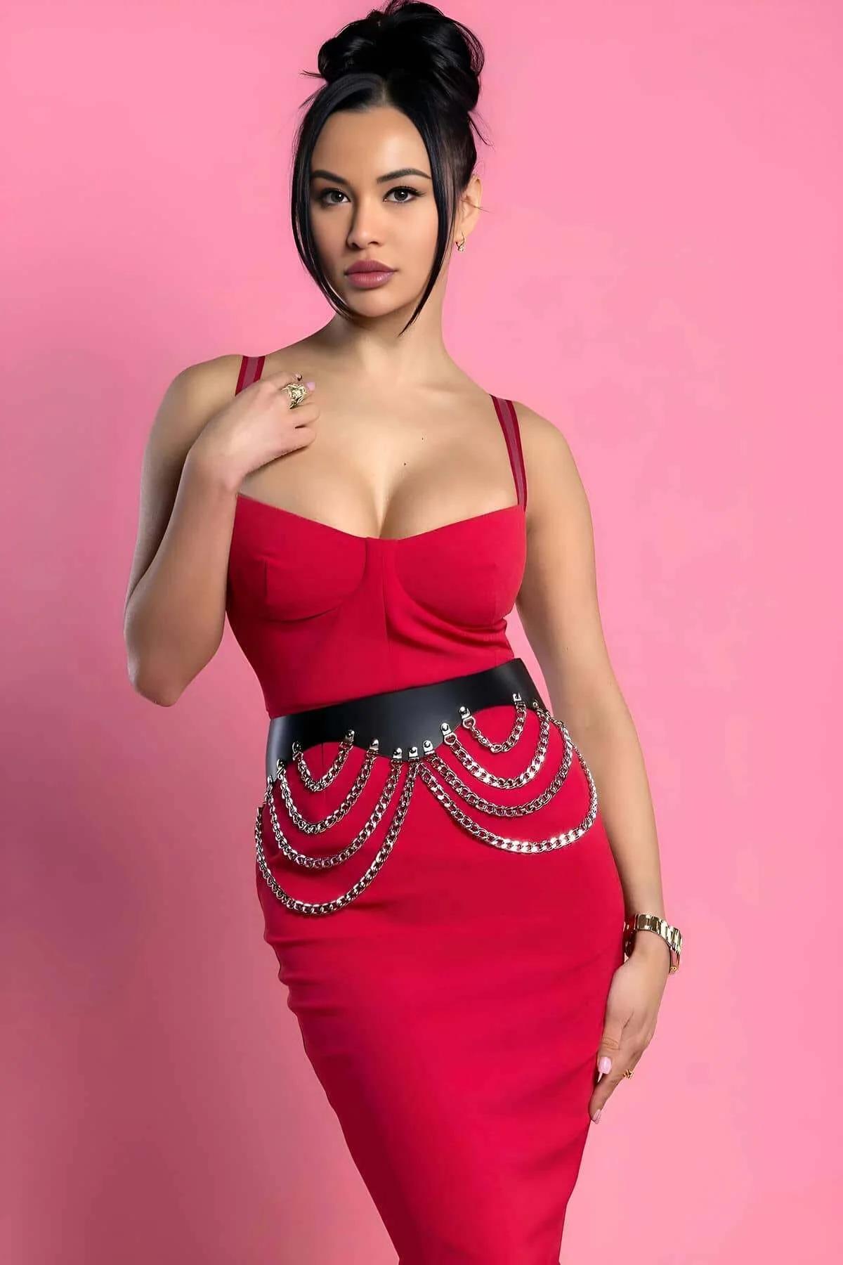 Studded Faux Leather Belt with Cascading Chains