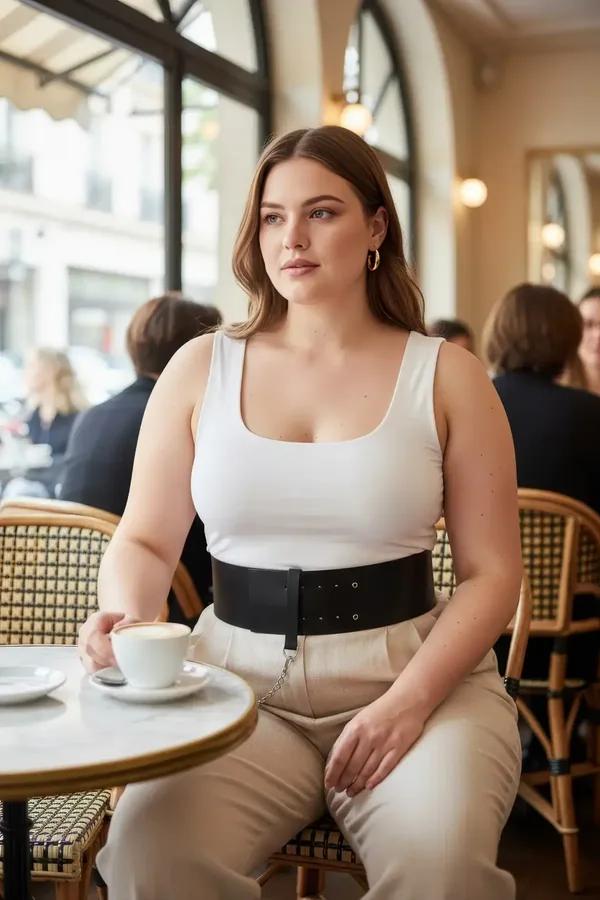 Wide Faux Leather Waist Belt with Chain Accent