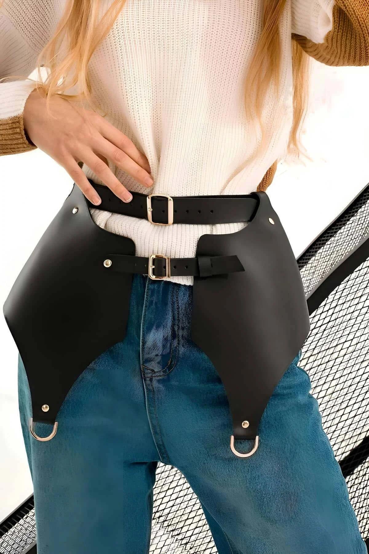 Faux Leather Overlay Skirt Harness Belt with D-Rings