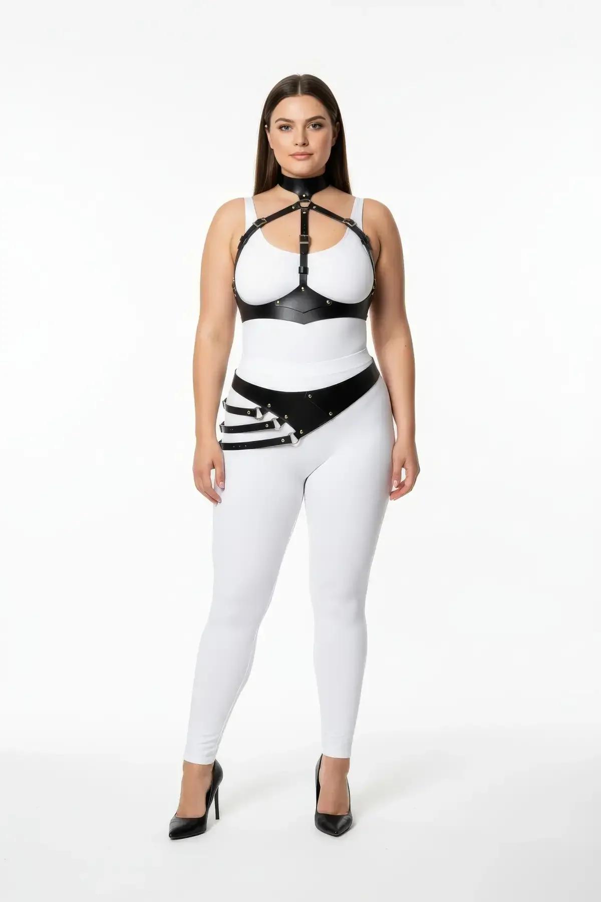 Faux Leather Full Body Harness with Diagonal Waist Belt
